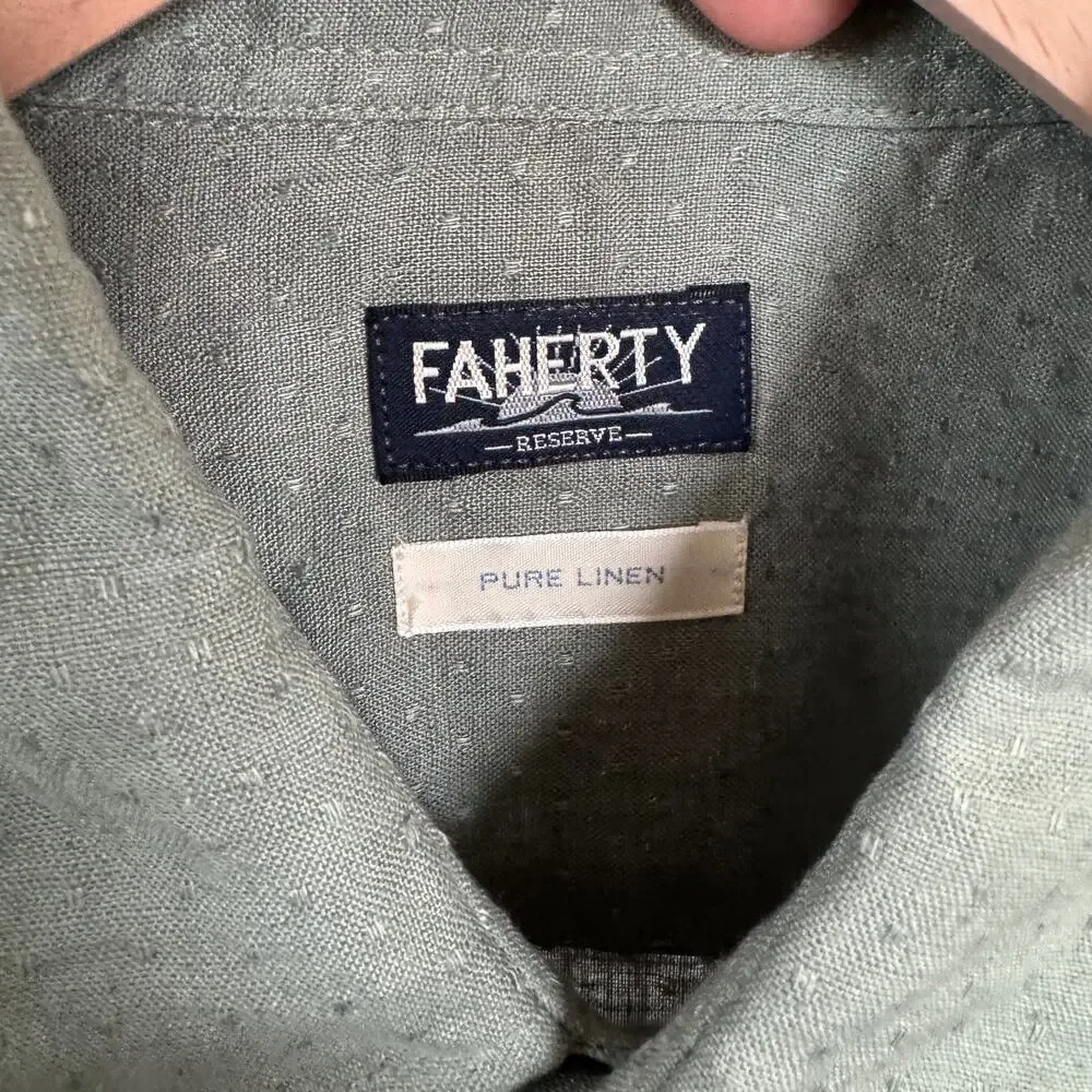 Faherty Linen Laguna Storm Doby Green Long Sleeve Shirt XL NEW Button Up Pocket - Picture 6 of 7